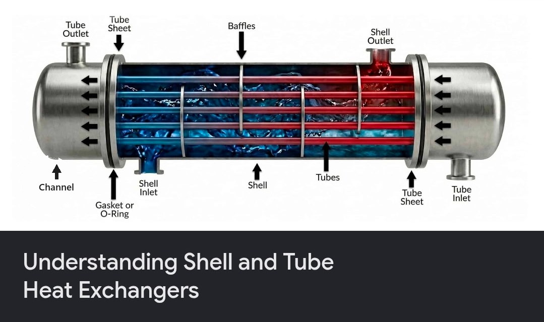 Cutaway of a shell-and-tube heat exchanger showing the tube bundle, baffles and separate fluid paths
